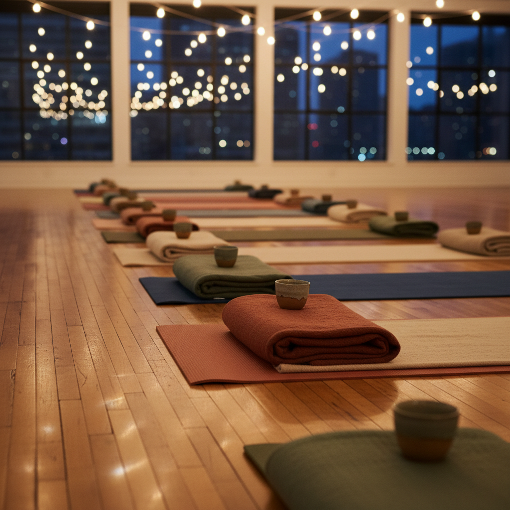 An inviting event setup for an evening yoga gathering in a loft-style studio. A long row of neatly spaced mats in coordinated earthy hues stretches along honey-toned wooden flooring, each mat topped with a folded blanket and a small ceramic cup ready for tea. Edison-style string lights hang overhead, casting warm, twinkling reflections on the floor, while tall windows reveal the softly blurred city lights outside. The mood is elegant, social, and gently festive. Photographic realism, captured from a low, diagonal angle to emphasize depth and rhythm, with moderate depth of field so the nearest mats are crisp and the farthest dissolve into a cozy bokeh glow.
